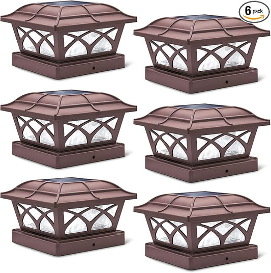 SIEDiNLAR Solar Post Cap Lights Outdoor Glass 2 Color Modes 8 LEDs for 4x4 5x5 6x6 Posts Deck Fence Patio Decoration Warm White & Cool White Lighting Brown (6 Pack)