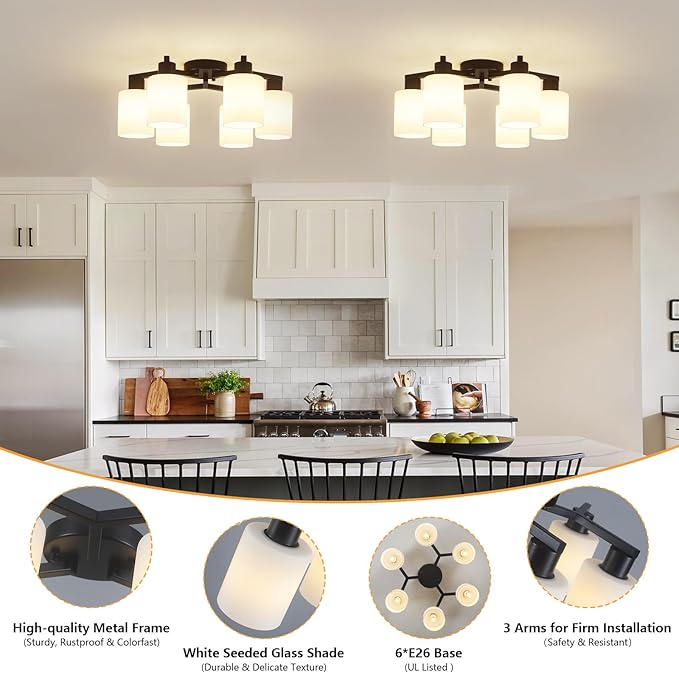Black Semi Flush Mount Ceiling Light Fixture, Modern Close to Ceiling Light Fixtures Ceiling Mount, Dimmable Foyer Kitchen Lighting Fixtures Ceiling Lights for Bedroom, Bathroom, Hallway, Entryway