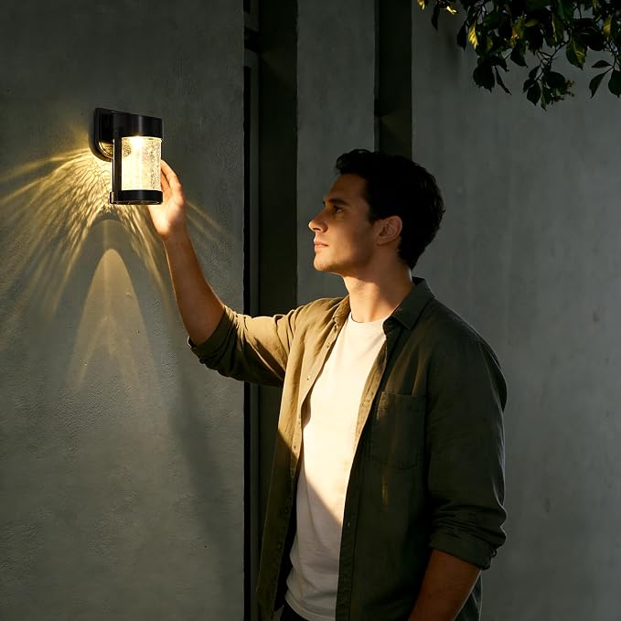 PEVOROS 1 Pack Solar Fence Lights Outdoor, Crackled Glass Wall Light for Porch, Fence, Shed, Barn, Patio, Glass Crackle Lampshade with Warm LED Light