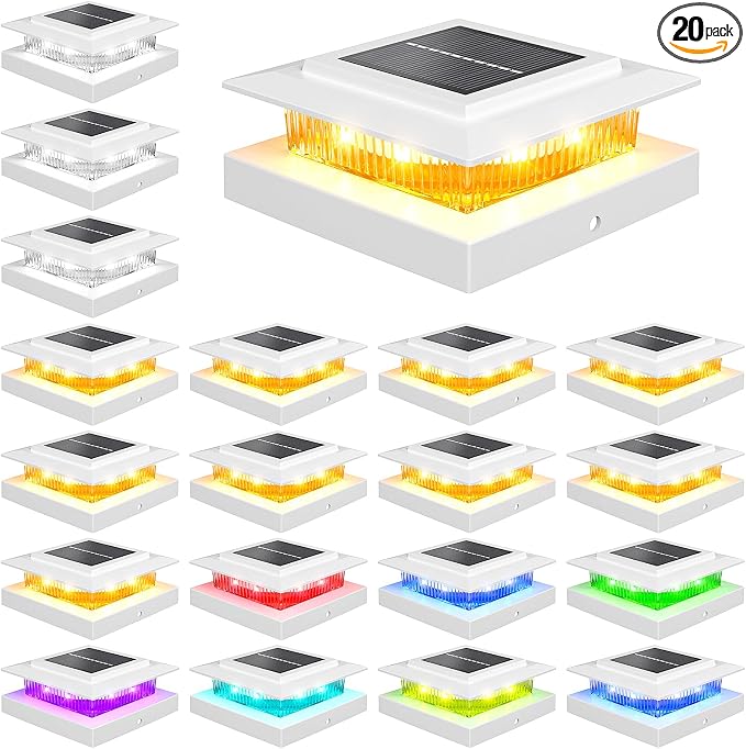 NIORSUN Solar Post Cap Lights Outdoor Waterproof, 4x4 Post Solar Lights RGB Color Changing, Fence Posts Solars Light for Deck Patio Garden Deco, 4x4 Posts Caps Wood Vinyl, 5x5 Vinyl, 20 Pack (White)