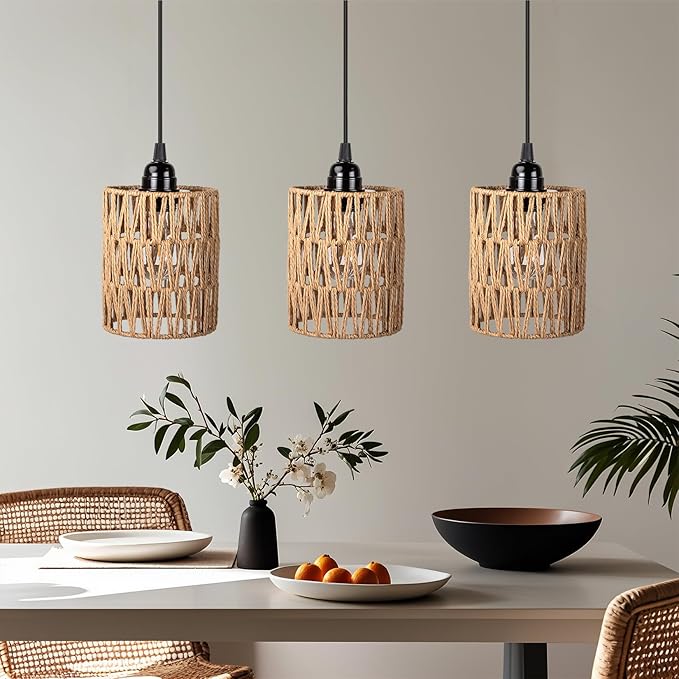 Battery Operated Chandelier, Battery Hanging Pendant Light, Rattan Lights with Warm White Bulb, 4*AA Battery Powered, for Gazebo Pergola Porch Patio Outdoor Indoor Decor (3)