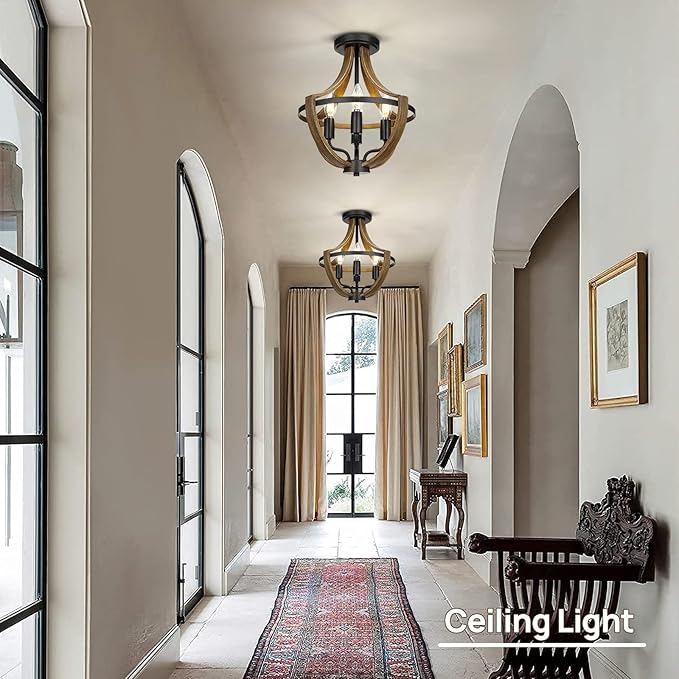 13.1" Modern Farmhouse Hanging Pendant Lighting, 4-Light Rustic Interior Flush Mount Ceiling Light Fixture, Vintage Chandelier for Hallway Foyer Dining Room Entryway Kitchen Island Bedroom