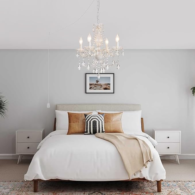 Plug in Crystal Ceramic White Chandelier, Glass Chandeliers,White crystal Hanging Pendant Light with Clear Cord and On/Off, 4 Light Crystal Chandelier for wedding, Kitchen, Dining,Foyer, Mini room