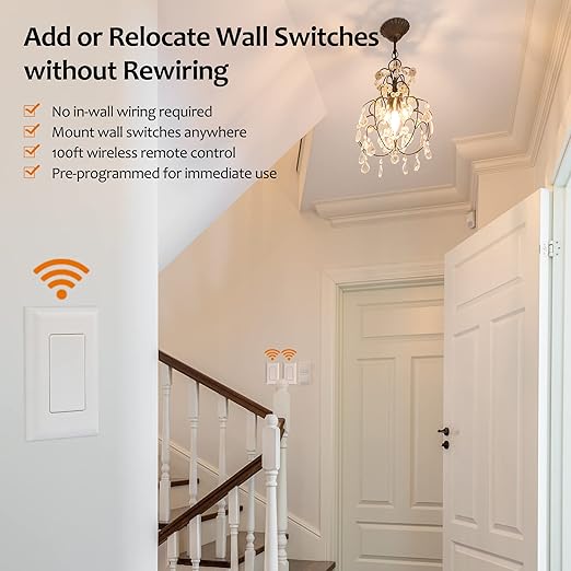 Suraielec Wireless Light Switch and Receiver Kit, 15A High Power, No Wiring, 100ft RF Range, Programmable Remote Control 3 Way Wall Switches for Lamp, Ceiling Light, Fan, Outdoor Lighting