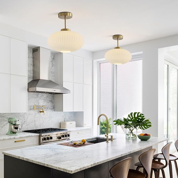 KCO Lighting 11.8‘’ White Ribbed Glass Semi Flush Mount Ceiling Light Large Milk Glass Ceiling Lights Fixture Brushed Gold Flush Mount Bathroom Light Mid Century Modern Entry Lights