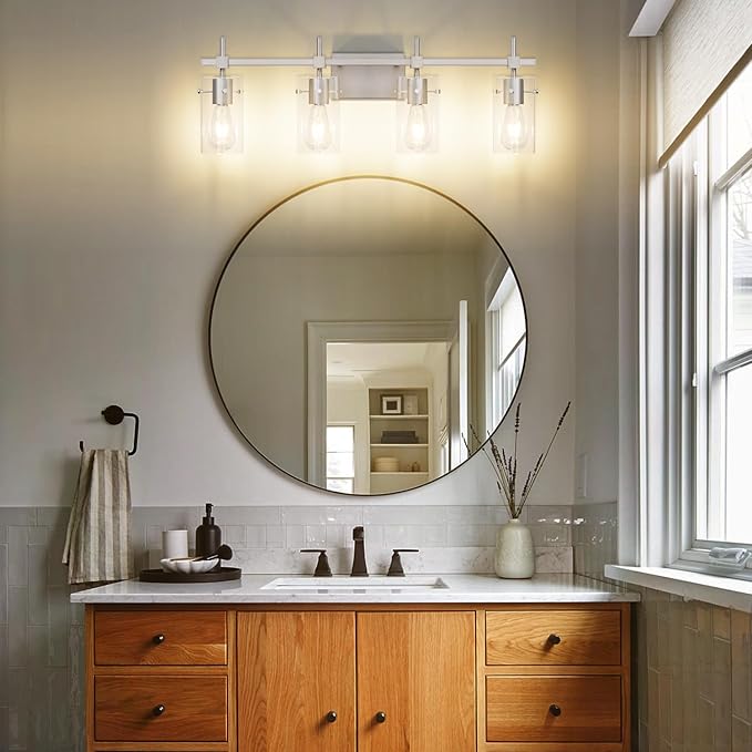SOLFART 4 Light Bathroom Vanity Lights Bathroom Lights Over Mirror Vintage Bath Lighting Brushed Nickel Wall Sconce with Glass Shade