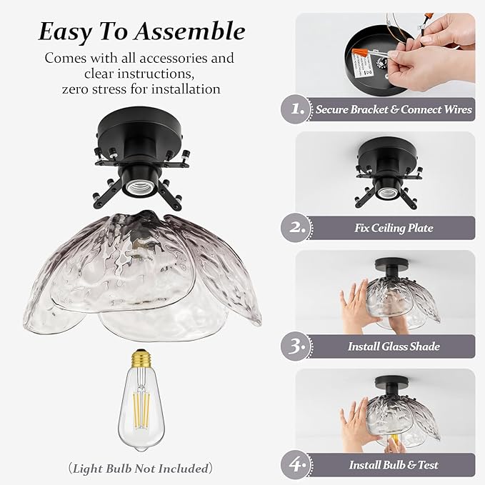 Vintage Semi Flush Mount Ceiling Light,Black Ceiling Light Fixtures with Gradient Smoke Gray Handmade Leaf Glass for Bedroom,Kitchen,Hallway,Entryway