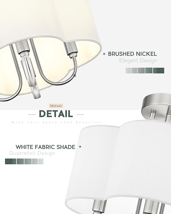 4-Light Semi Flush Mount Ceiling Light, 13.5" Vintage Light Fixtures Ceiling Mount with Fabric Shade in Quatrefoil for Kitchen Entryway Hallway Bedroom, Brushed Nickel, SM179-BN