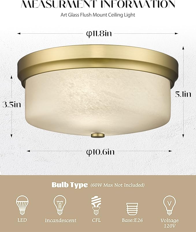 CALDION Close to Ceiling Light, 12inch Flush Mount Ceiling Light Fixture, Metal Gold Finish with Handmade White Marble Art Glass Shade for Bedroom Living Room Hallway Kitchen Laundry