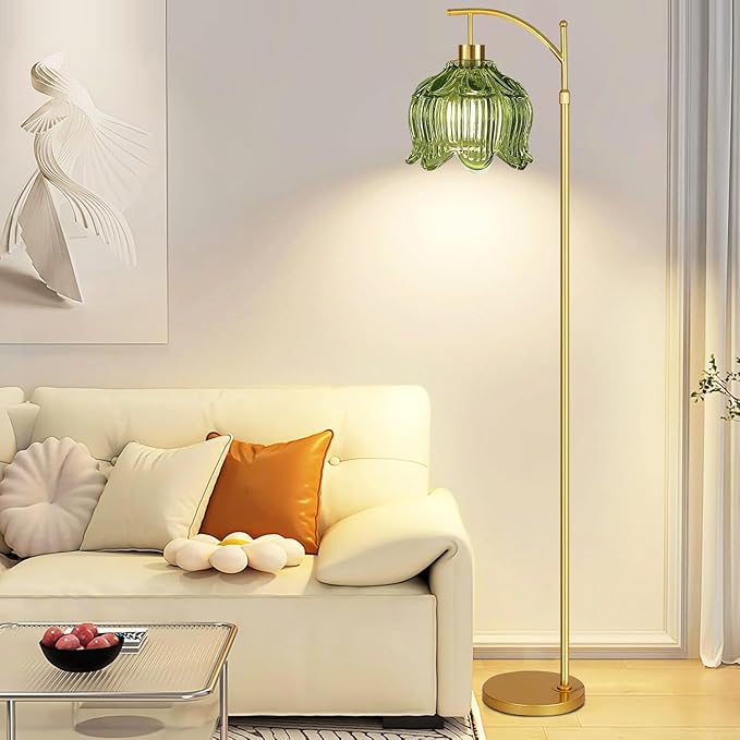 QIYIZM Green Floor Lamp for Living Room,Bedroom,Gold Dimmable Standing Lamp with Remote,Mid Century Modern Brass Tall Lamp Boho Floor Lamps Arc Vintage Glass Flower Floor Light Lamp Girls Bohemian