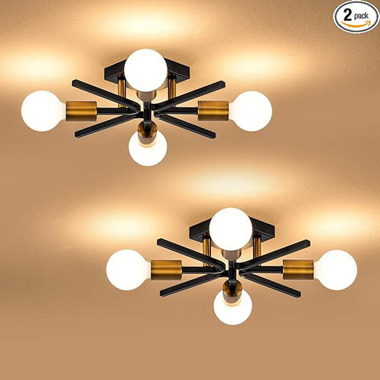 4 Light Sputnik Light Fixture Black Gold Flush Mount Lights Industrial Ceiling Light 2 Pack 19" Modern Farmhouse Ceiling Lights for Kitchen Bedroom Bathroom Foyer Hallway(E26)