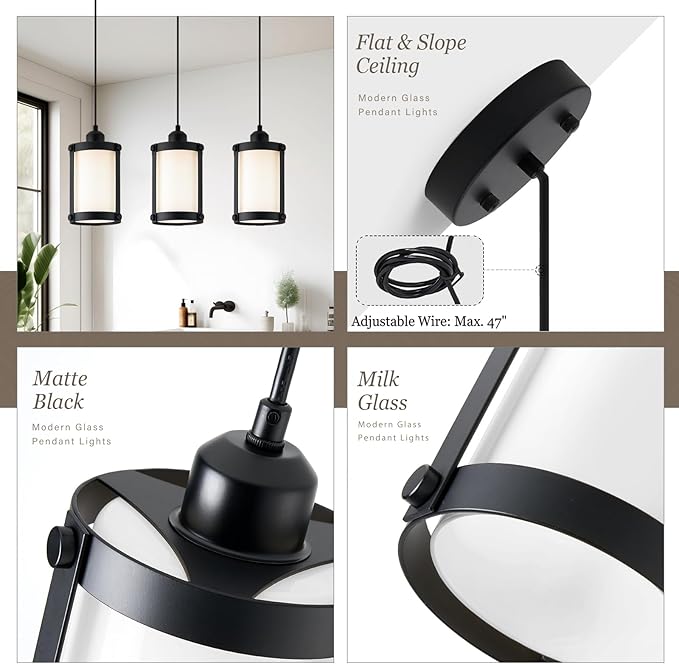 Black Pendant Lights Kitchen Island, 1-Light Modern Mini Hanging Light Fixtures with Milk Glass, Farmhouse Kitchen Pendant Lighting Over Island for Sink Dining Room, OS-3014-1PBKW