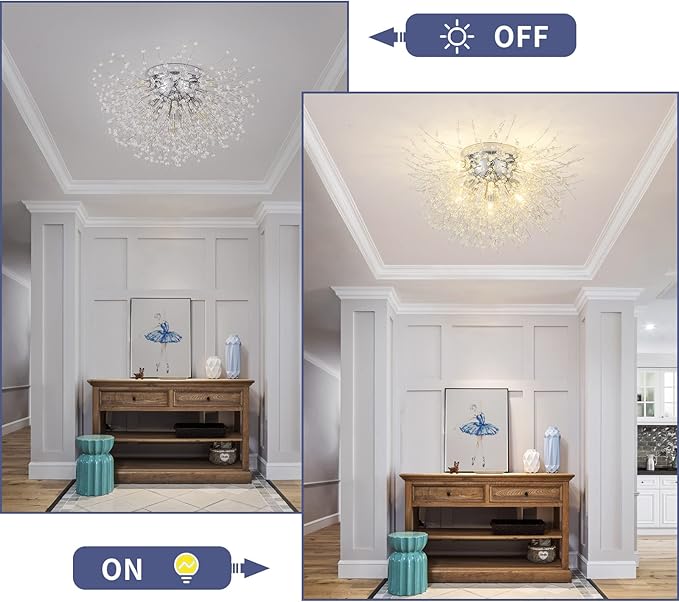 CM MZY Sputnik Flush Mount Ceiling Light Fixtures, Modern Chrome Crystal Firework Chandelier, 8-Light Close to Ceiling Lighting Fixtures for Bedroom Kitchen Hallway Entryway(H11.8'' x W21.5'')