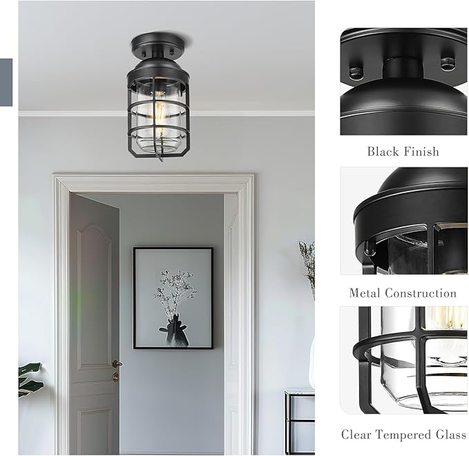 Emliviar 11.1 Inch Vintage Semi Flush Mount Ceiling Light with Clear Tempered Glass Shade, Black Ceiling Lighting for Hallway, GE255LF BK