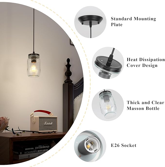 Glass Pendant Lights Kitchen Island, 1-Light Black Pendant Light Fixtures with Mason Jar Clear Glass Shade, Farmhouse Hanging Light for Kitchen Sink Dining Room Bedroom Hallway