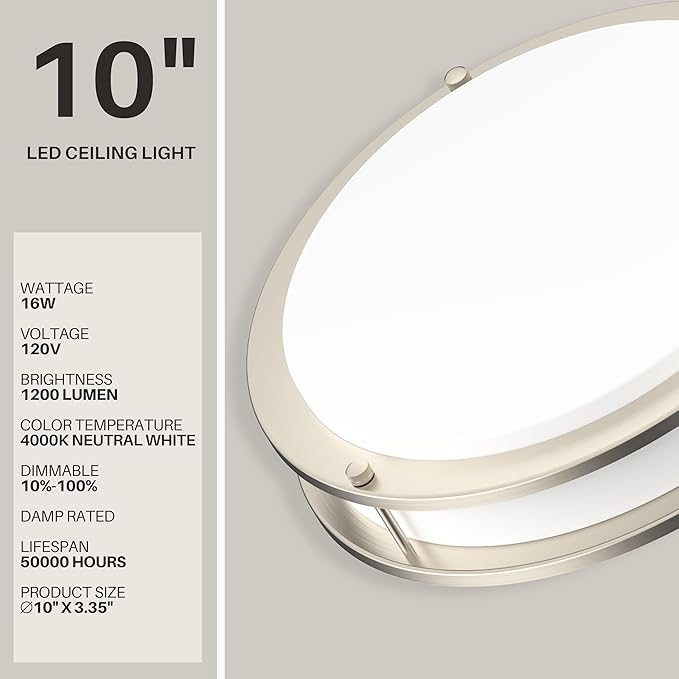 DYMOND 10 Inch LED Ceiling Light Flush Mount Dimmable Surface Mount Brushed Nickel Light Fixture for Kitchen, Hallway, Bathroom, Bedroom