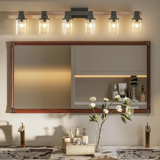 6 Light Bathroom Vanity Light 41 in with Glass Shade, Farmhouse Vanity Light for Bathroom Light fixtures Over Mirror, Square Rustic Brown