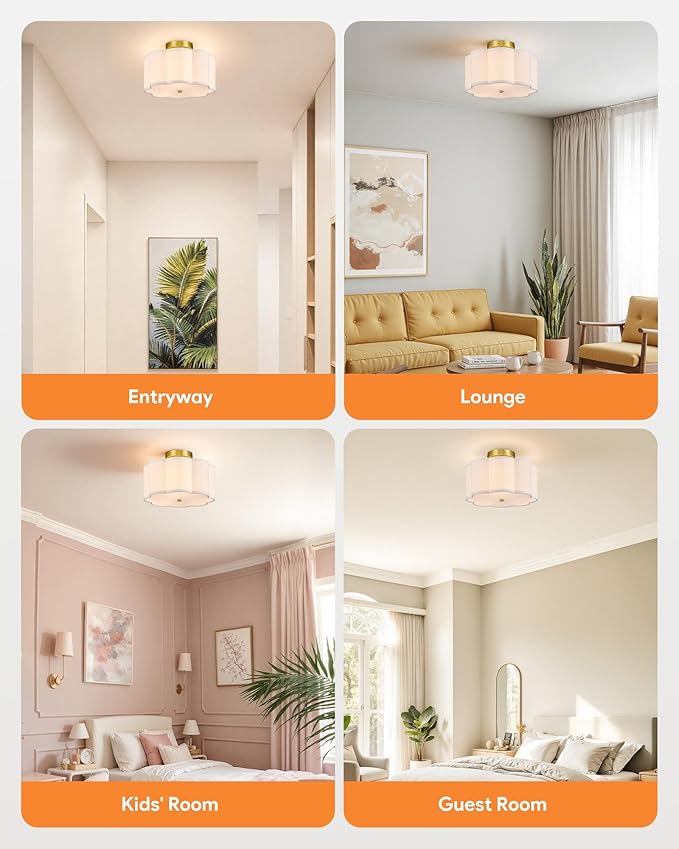 VONLUCE Semi Flush Mount Ceiling Light, 12.6" Ceiling Light Fixture with Flower-Shaped Fabric Shade, 3-Light Modern Light Fixture for Bedroom Living Room Nursery Hallway, White Shade & Gold Finish