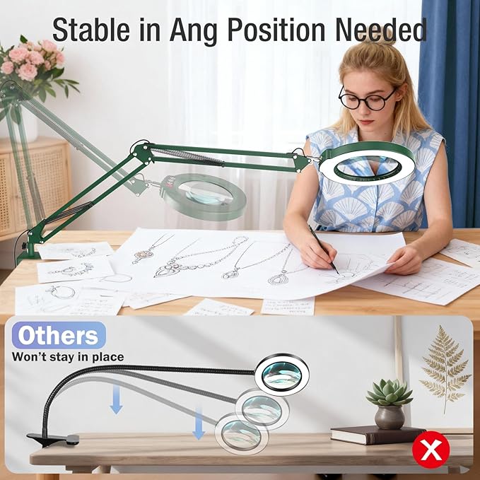 10X Magnifying Glass with Light and Clamp, Real Glass Stand Lighted Magnifier, 2*16 Arm 5 Color Modes Stepless Dimmable LED Desk Lamp Hands Free for Craft Hobby Reading Painting Close Work Large Green