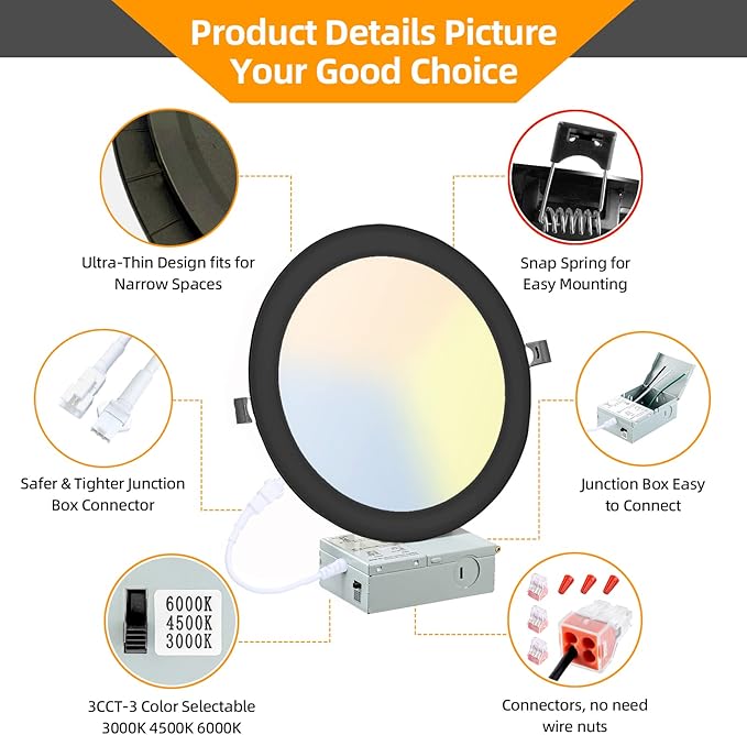LZHOME 6 Pack 8 Inch LED Recessed Lighting with Junction Box Ultra-Thin, 3000K/4500K/6000K Selectable, 8" Dimmable Canless LED Downlight, 1800LM CRI80 High Brightness 5%-100% Recessed Light (Black)