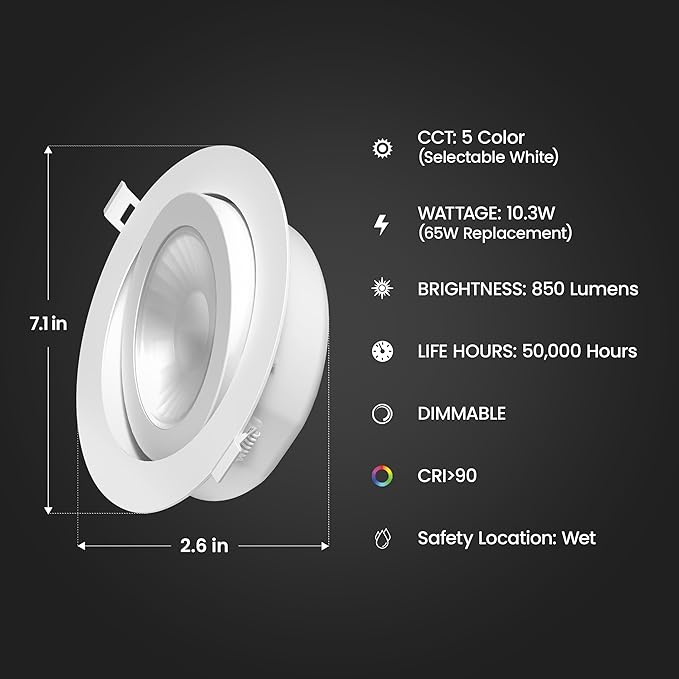 Feit Electric 6" LED Canless Directional Recessed Downlights w/Integrated J-Box, 65W Equivalent, Dimmable, 5CCT Adjusttable White, 850 Lumens, 50,000-Hour Lifetime, LEDR6XT/ADJ/6WYCA/4, 4-Pack