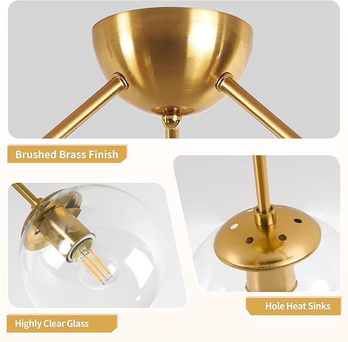 Mid-Century Modern Semi Flush Mount Ceiling Light 3 Lights Clear Glass Modern Globe Ceiling Light Gold Brass Sputnik Chandeliers for Hallway Entryway Kitchen Bedroom Laundry(Bulb Incl.)