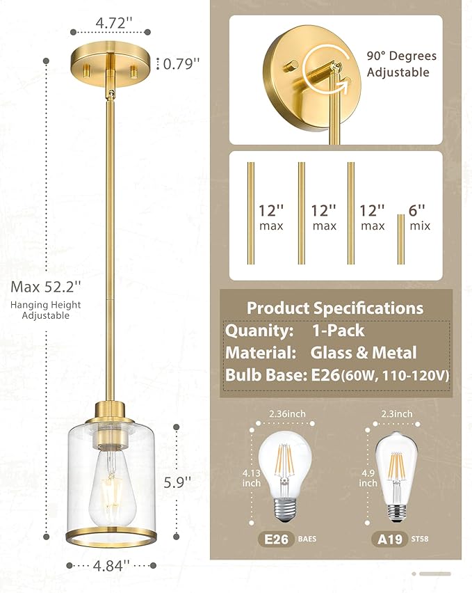 Beionxii Brushed Gold Pendant Lights Kitchen Island, Modern Kitchen Pendant Lighting Over Island, Hanging Lights with Clear Glass for Sink, Dining Room, Entryway, BX-PL02BG-CG (Only 1-Pack)