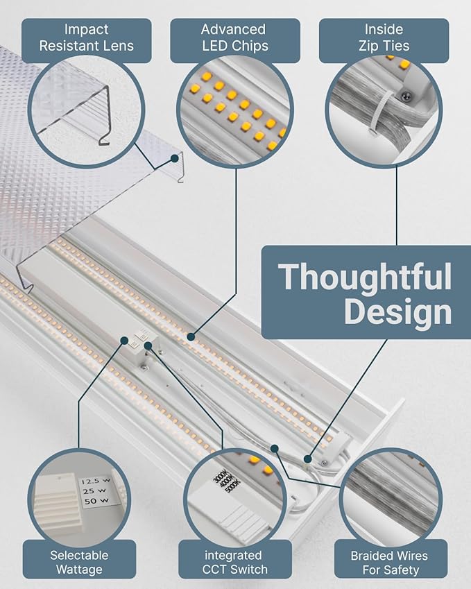 Sunco Linkable LED Shop Lights 4 Pack - 7 Inch Wraparound Garage Ceiling Light, 6500 Lumens, Commercial Industrial Warehouse, 3CCT Selectable (4000K/5000K/6000K), 12.5W/25W/50W, AC120-277V, ETL