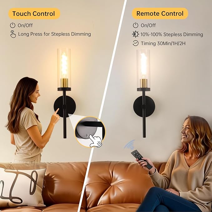 Shenmoyl Battery Operated Wall Sconces Set of 2, Black & Gold Rechargeable Wall Lighting Fixtures, Dimmable Wall Lights with Remote & Clear Glass Shade for Living Room, Bathroom,Bedroom