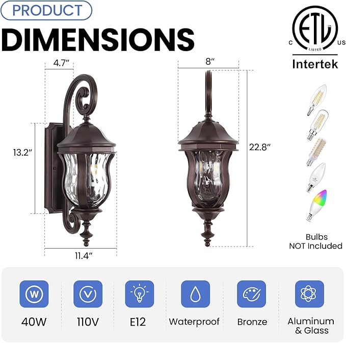 Outdoor Wall Sconces, Brown Outdoor Porch Lights, 22.8" H Large Exterior Wall Lanterns, Waterproof Exterior Lighting Fixtures with Water Glass for Patio Garage Doorway