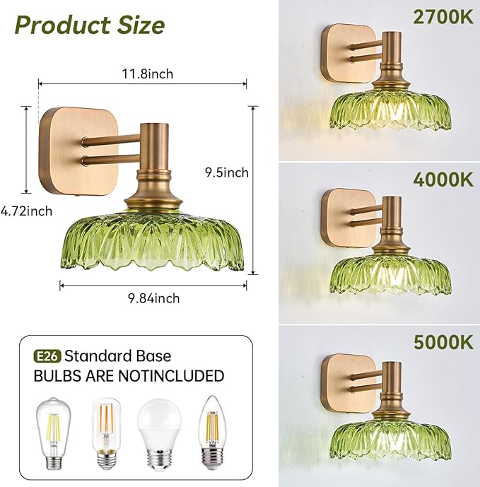 Vintage Glass Wall Sconces Green Vanity Lights Bathroom Light Fixture Over Mirror Wall Light for Picture Doorway Bathroom Bedroom Hallway Farmhouse