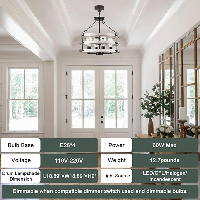 Luupyia Rustic Farmhouse Chandelier, 18.89 Inches White Drum Farmhouse Foyer Chandeliers Island Light, Rustic Vintage Pendant Light Fixture for Dining Room Entryway 4Lights E26