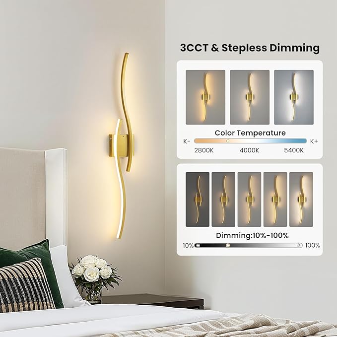 WOSHITU Gold Battery Operated Wall Sconces: 39 Inch Rechargeable Wall Sconce Set of 2 with Remote Control 3CCT Dimmable Wall Light Modern Cordless Wall Lamp for Bedroom Living Room Hallway Bathroom