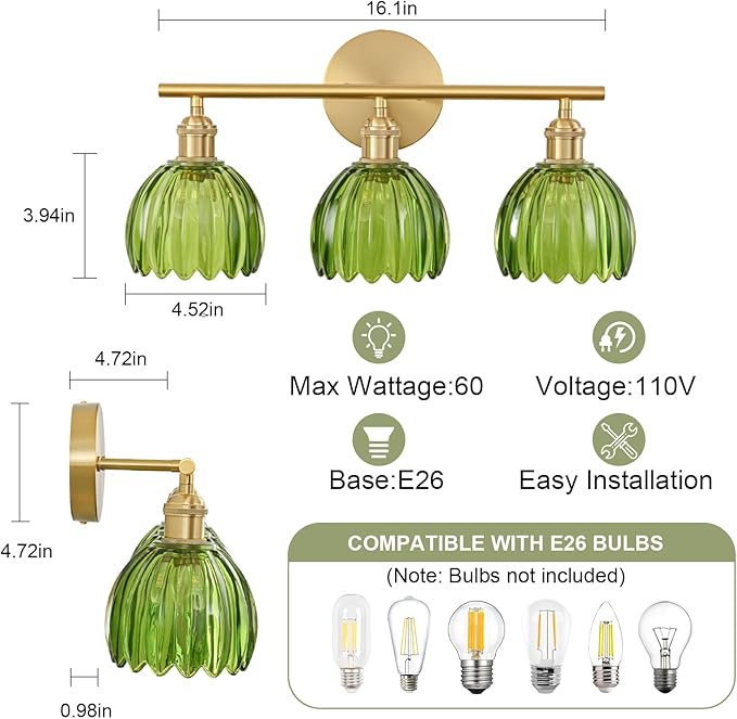 Gold Bathroom Light Fixtures Over Mirror, 3 Light Bathroom Vanity Light Fixture with Tulip Green Glass Lampshade, Vintage Vanity Lights for Bathroom, Bathroom Vanity Lights Over Mirror