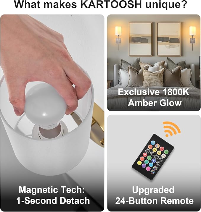 KARTOOSH Battery Operated Wall Sconce Set of Two, Wireless Rechargeable Wall Light with Remote Control, Dimmable, 4 Color Temperatures, RGB, Timer, for Living Room,Bedroom,Entryway, Nickel, 20.6 Inch