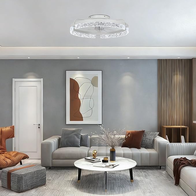 20" Modern LED Ceiling Fan with Lights and Remote, Low Profile Dimmable Acrylic Ceiling Fan Flush Mount Bladeless Chandelier Fan Stepless Color Temperature Change and 6 Speeds (White)