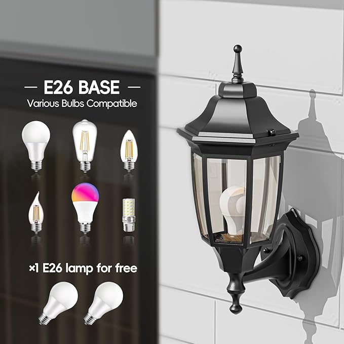 EMART Outdoor Front Porch Light, Exterior Anti-Corrosion, Waterproof Aluminum & Glass Shades Wall Lamp Fixture, Modern Sconce Lantern for Outside, House, Garage - 1 Pack, Black （Bulb Included）