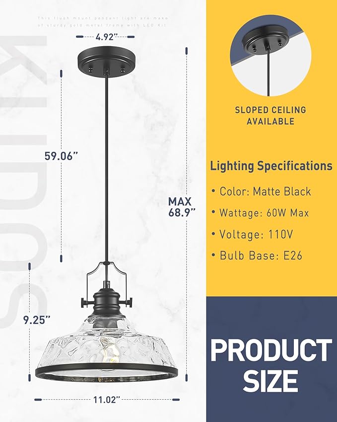 kudos 2 Pack Pendant Lights Kitchen Island, 11" Black Kitchen Island Lighting with Clear Hammered Glass Shade, Farmhouse Large Hanging Light Fixture for Kitchen Sink Dining Room, KDPL13-BK-H-2PK