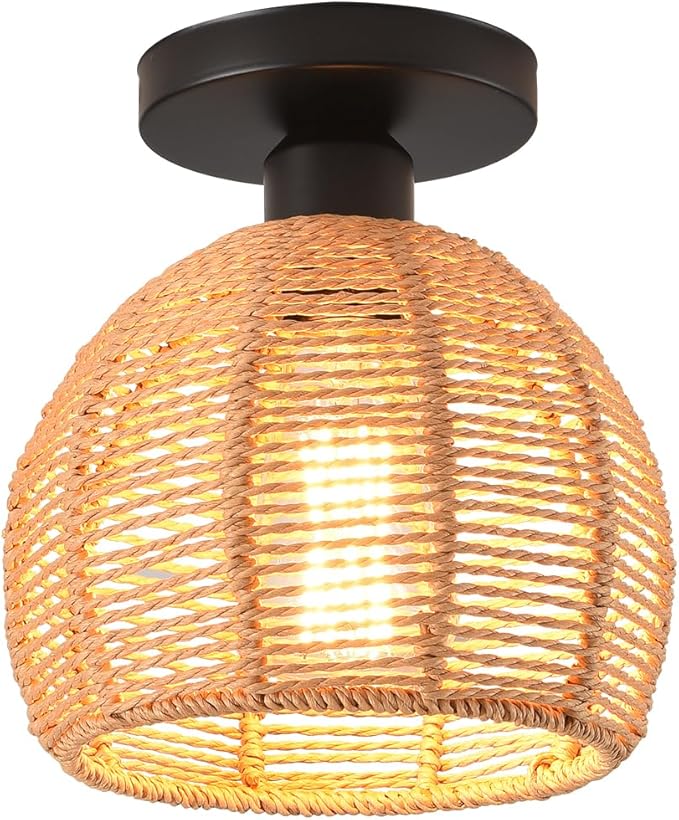 Hand-Woven Rattan Flush Mount Ceiling Light,Farmhouse Light Fixtures Ceiling Mount Boho for Hallway Bedroom Kitchen Entryway Living Room