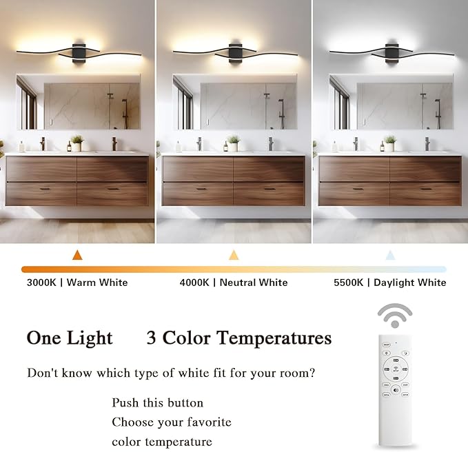 Modern LED Vanity Light with Remote Control, Modern LED Bathroom Light Fixture, Bathroom Vanity Light Fixture Over Mirror, 39.4 inch Black Wall Sconce Lighting