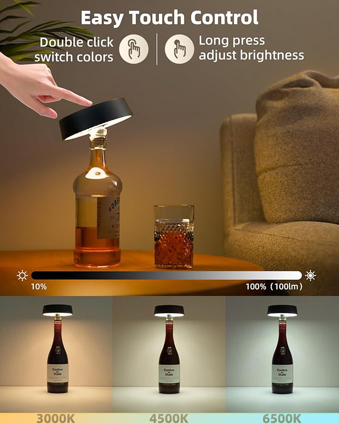 Wireless Bottle Lamp Shade, Rechargeable Wine Bottle Lights for Liquor Bottles, RGB, Touch Control 3 Color Temperatures, Dimmable, Outdoor Waterproof, Restaurant & Home Bar Décor, Gift, Black 1Pc