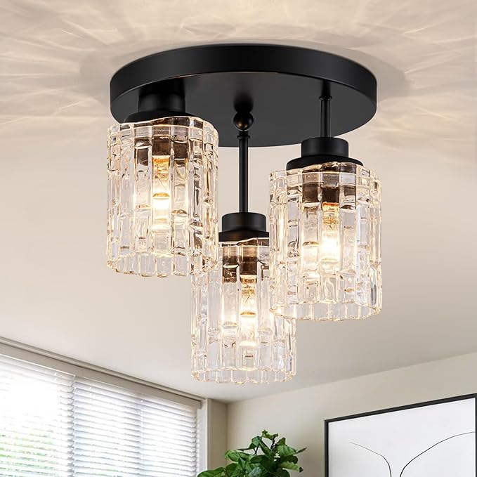 3-Lights Semi Flush Mount Ceiling Light Fixture,Matte Black Kitchen Ceiling Light with Glass Shades,Hallway Light Fixtures Ceiling Mount for Foyer Entryway Bathroom
