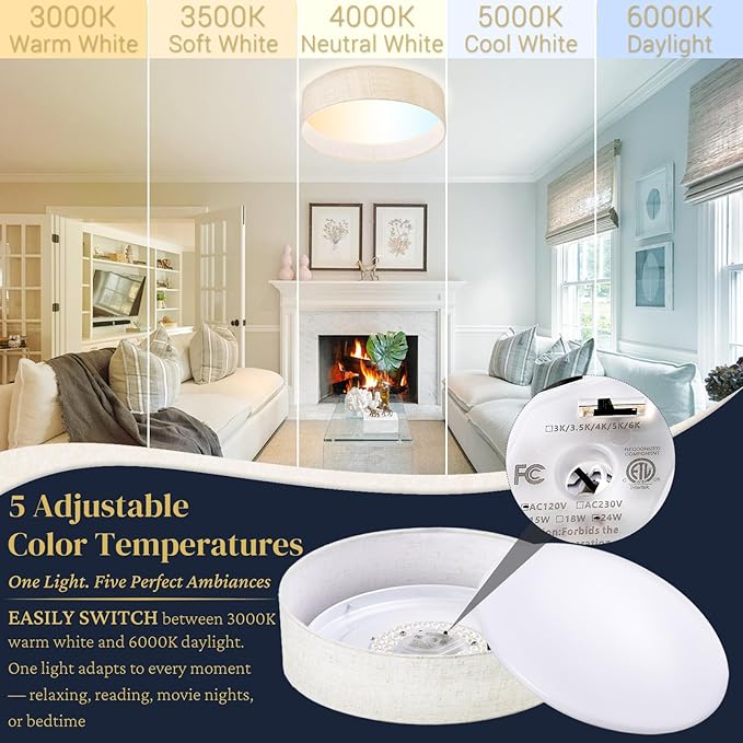 Hamilyeah LED Flush Mount Ceiling Light Fixture Set of 2, Dimmable Ceiling Light Fixture with Fabric Shade 24W 12inch 5CCT, Drum Light Fixture Ceiling Mount for Living Room, Kitchen, Bathroom, Bedroom