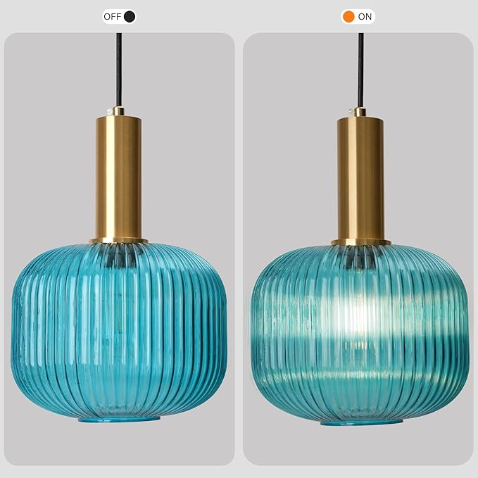 Boho Hanging Lamp, Blue Ribbed Glass Pendant Light with On/Off Switch, Coastal Style Plug in Hanging Light Adjustable Ceiling Lighting Fixture for Kitchen, Dining Room, Bedroom, Farmhouse