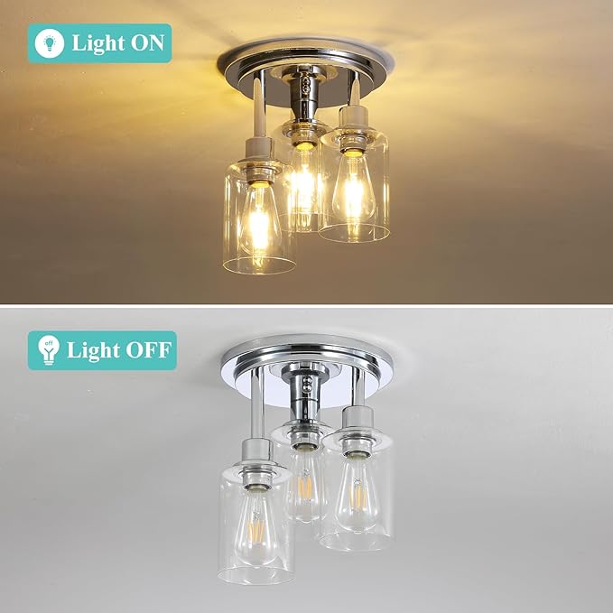 Chrome Semi Flush Mount Ceiling Light, Modern 3-Light Glass Ceiling Light Fixture, 11.2'' Ceiling Lamp for Kitchen, Bedroom, Hallway, Entryway
