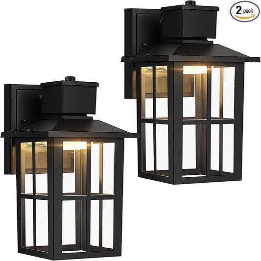 Brightever LED Outdoor Wall Lights, 10W Black Exterior Light Fixture with Clear Glass Shade, 3000K/4000K/6500K Selectable, 800LM High Brightness Outdoor Wall Lanterns for Patio Waterproof, Pack of 2