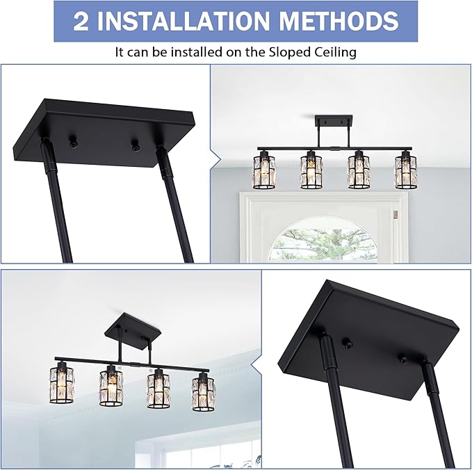 MEXO Crystal Pendant Light Fixture for Kitchen Island Dining Room, Farmhouse Chandelier Matte Black Close to Ceiling Lightings Over Table