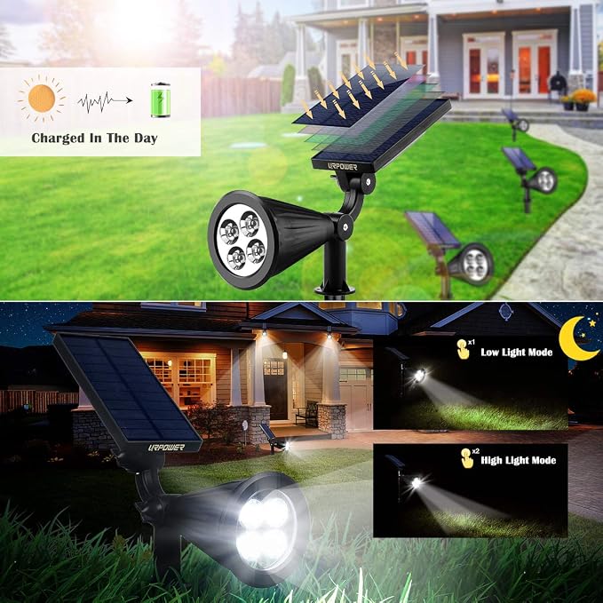 URPOWER Solar Lights Outdoor, 2-in-1 Solar Spot Lights Waterproof with 2 Lighting Modes, Adjustable Solar Powered Spotlights Auto On/Off Landscape Lights for Yard Garden Pathway, 4 Pack (Cool White)