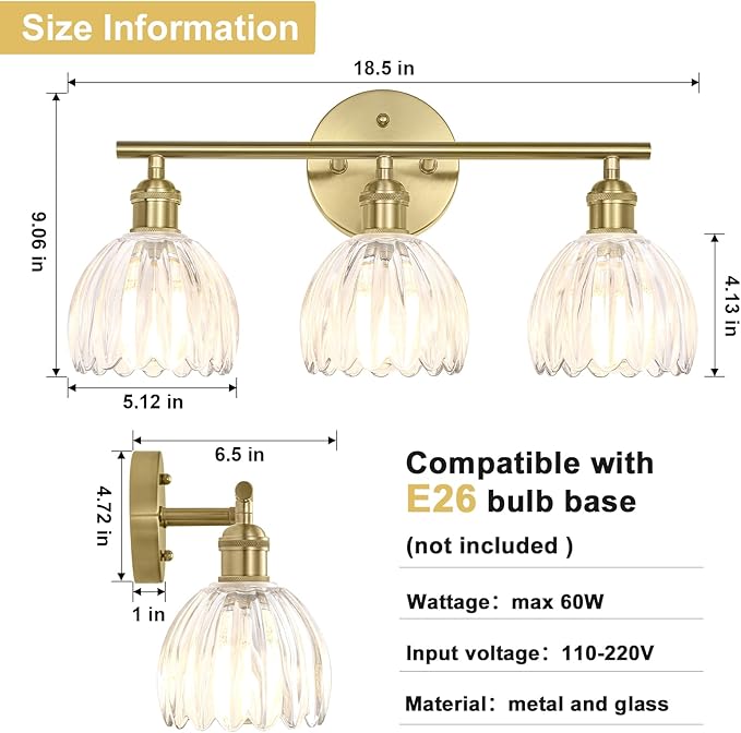 Vintage Bathroom Light Fixtures,3-Light Hardwired Vanity Lights with Clear Tulip Glass Shade,Gold Bathroom Vanity Light for Mirror Restroom,E26 Socket,18.5 in(Bulbs Not Included)
