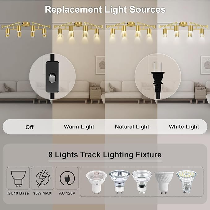 Plug in Track Lighting LED, Track Lighting Fixtures Ceiling, Gold 8-Light Kitchen Light Kit, Plug in Wall Light with 14.8ft Power Cord, Rotatable Ceiling Spotlight for Bedroom(GU10 Socket, NO Bulb)